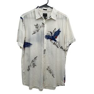 Guess Short Sleeve White Button-Up Shirt Crane Bird Floral Print Size‎ S